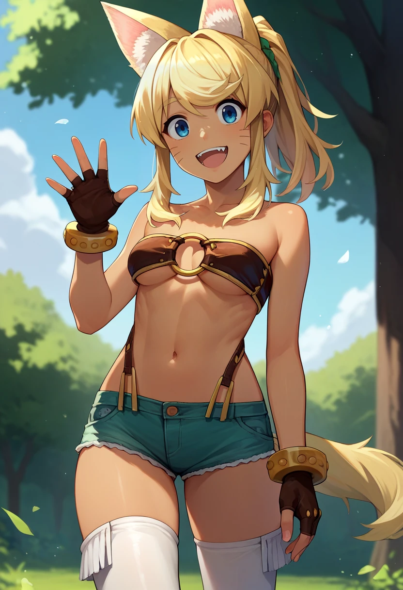 score_9, score_8_up, score_7_up, source_anime, solo, 1girl, pokanliru, dark skin, whisker markings, happy, looking at viewer, waving, ponytail, o-ring top, beltbra, fingerless gloves, denim shorts, white thighhighs, wolf tail <lora:pokan_liru_ponyXL:1>