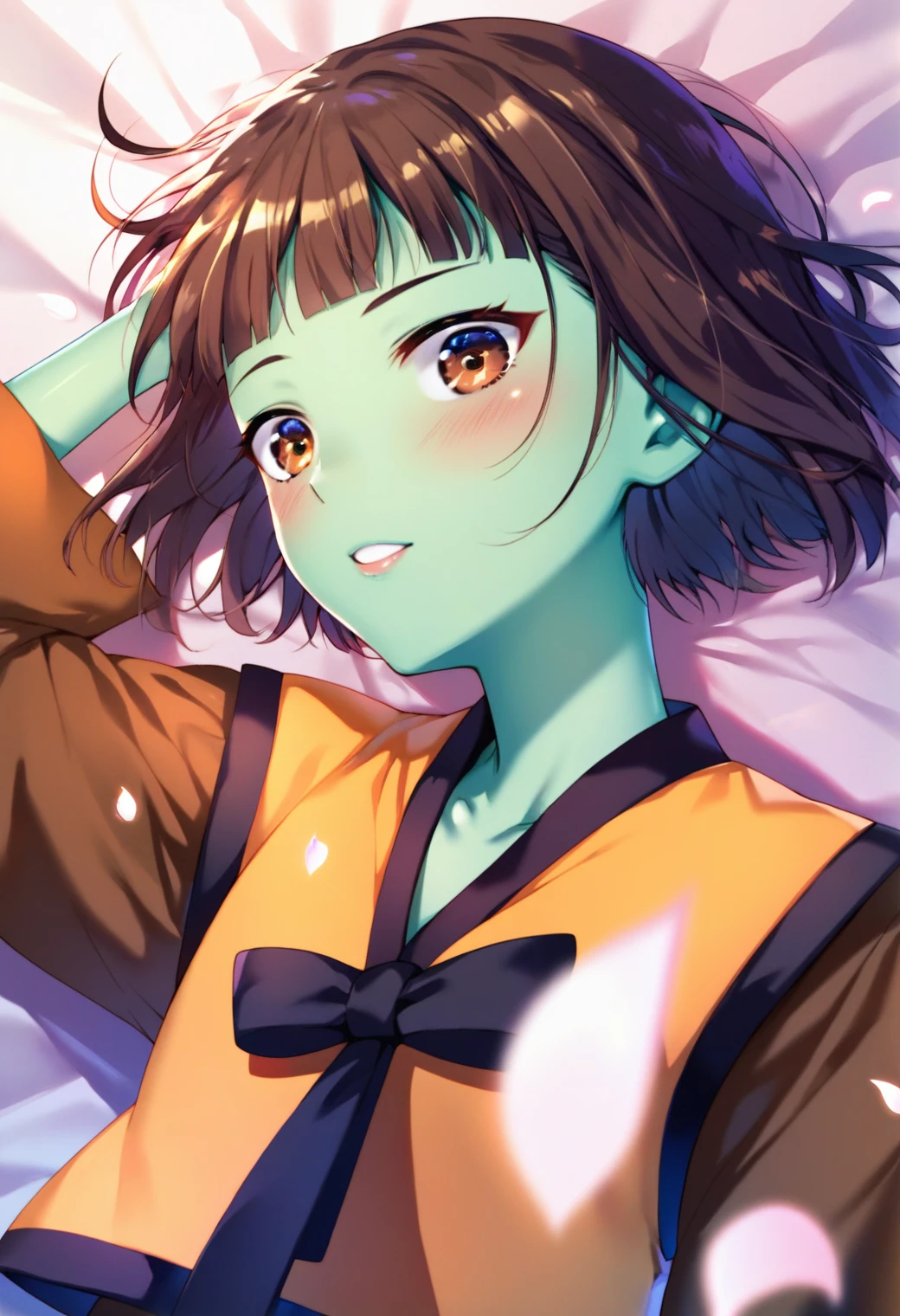 1girl, anakzahard, <lora:anak_zahard_ponyxl_v1:0.9>, green skin, short hair, bob cut, brown hair, brown eyes, BREAK
vest, long sleeves, bow, wide sleeves, BREAK
upper body, close-up, BREAK
falling petals, BREAK
score_9, score_8_up, score_7_up, score_6_up, score_5_up, score_4_up, anime, uncensored, BREAK
(high quality, detailed, beautiful), shiny, detailed beautiful eyes, outstanding, countershading, detailed soft lighting