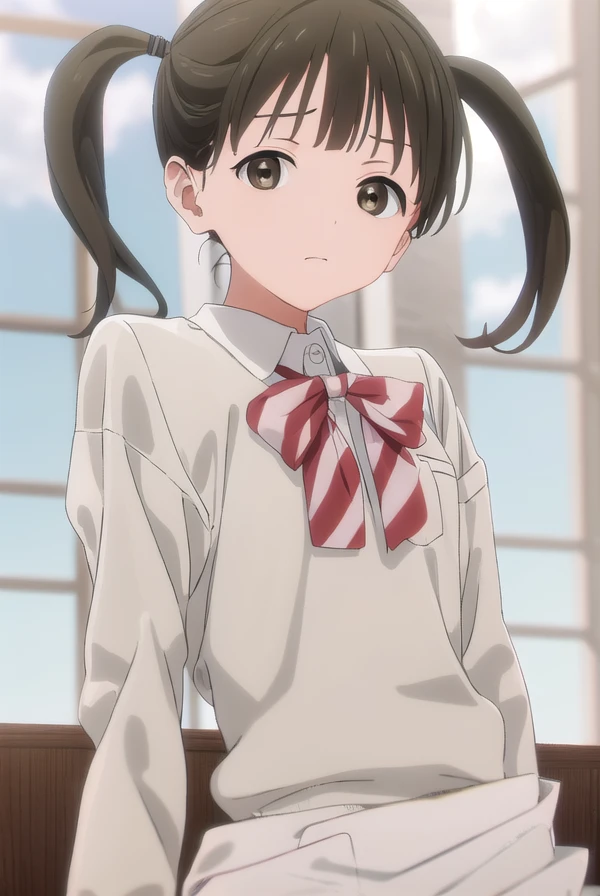 ayumitougeguchi, <lora:ayumi tougeguchi s1-lora-nochekaiser:1>,
ayumi tougeguchi, bangs, black hair, twintails, (brown eyes:1.5),
BREAK shirt, bow, school uniform, jacket, white shirt, striped, collared shirt, bowtie, red bow, black jacket, blazer,
BREAK indoors, classroom,
BREAK looking at viewer, (cowboy shot:1.5),
BREAK <lyco:GoodHands-beta2:1>, (masterpiece:1.2), best quality, high resolution, unity 8k wallpaper, (illustration:0.8), (beautiful detailed eyes:1.6), extremely detailed face, perfect lighting, extremely detailed CG, (perfect hands, perfect anatomy),