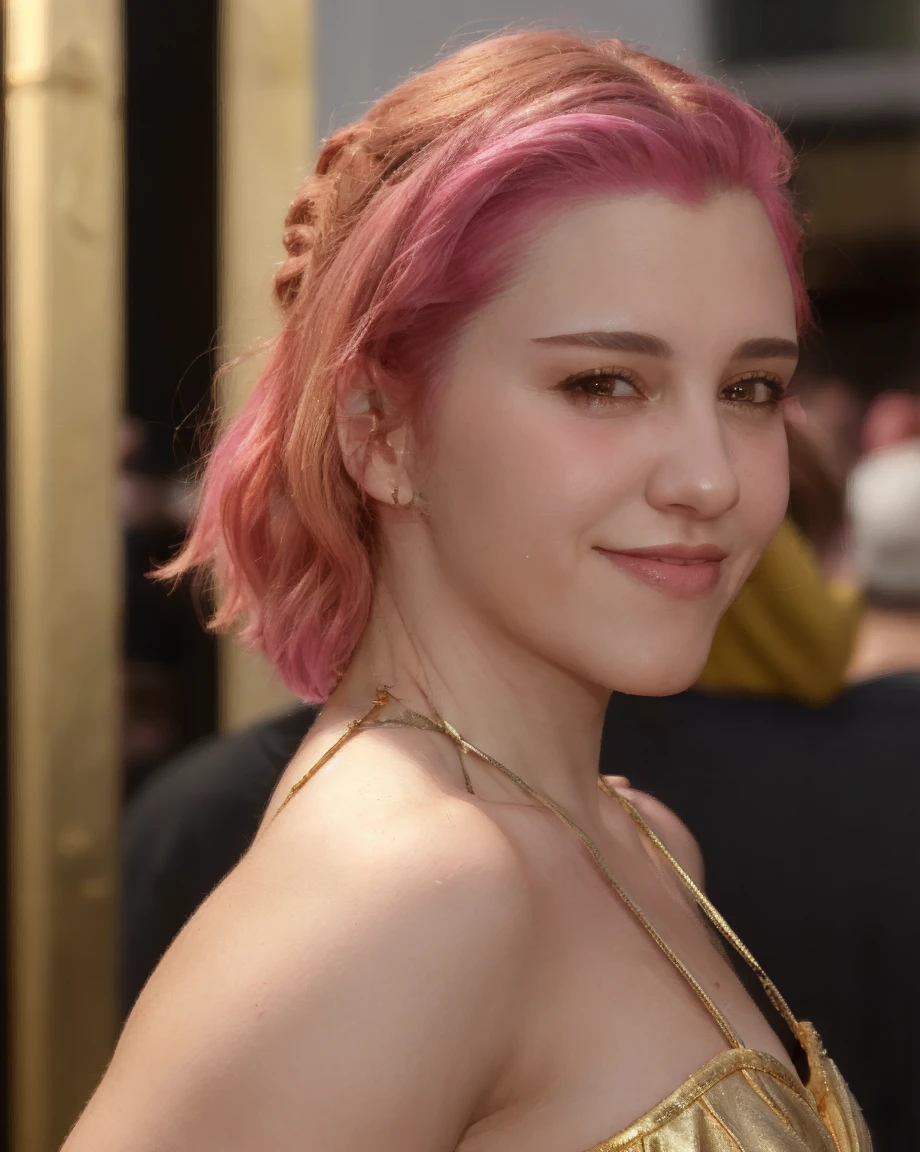 a picture of m4riaB,pink hair, realistic, photorealistic, detailed skin, surface scattering, bokeh, skin pores,<lora:m4riaB:1>,wearing a (golden dress:1.3)