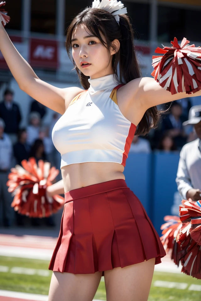 1girl,sexy pose,best quality,masterpiece,illustration,an extremely delicate and beautiful,CG,unity,8k wallpaper,Amazing,finely detail,masterpiece,official art,extremely detailed CG unity 8k wallpaper,incredibly absurdres,huge filesize,ultra-detailed,highres,extremely detailed,beautiful detailed girl,realistic,turtleneck shirt,skirt,light contrast,<lora:Amano Kiki:0.8>,(cheerleader costume:1.4),pleated skirt,