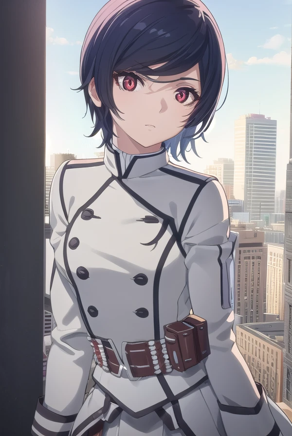 akudamaapprentice, <lora:akudama apprentice s1-lora-nochekaiser:1>,
apprentice, short hair, black hair, (red eyes:1.3), hair between eyes,
BREAK gloves, belt, white gloves, uniform, military, military uniform,
BREAK outdoors, city,
BREAK looking at viewer, (cowboy shot:1.5),
BREAK <lyco:GoodHands-beta2:1>, (masterpiece:1.2), best quality, high resolution, unity 8k wallpaper, (illustration:0.8), (beautiful detailed eyes:1.6), extremely detailed face, perfect lighting, extremely detailed CG, (perfect hands, perfect anatomy),