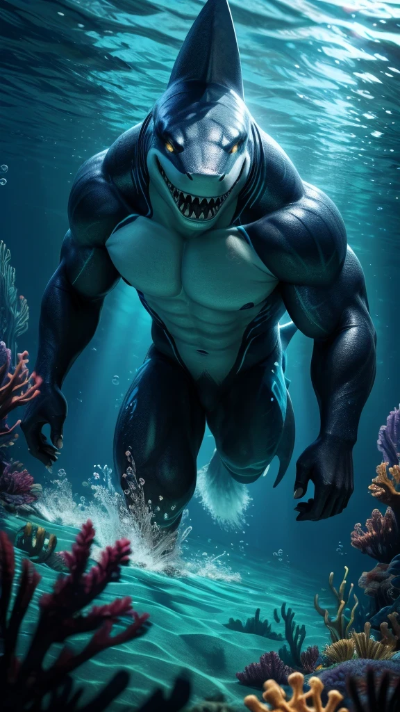 (best quality,4k,8k,highres,masterpiece:1.2),ultra-detailed,(realistic,photorealistic,photo-realistic:1.37),shark furry,illustration,meticulous underwater scene,colossal shark furry in action,sharp teeth,giant ocean predator,glowing eyes,rippling water,deep ocean depth,hidden treasures,glimmering gold coins,enchanting underwater plants and corals,dynamic lighting effects,striking and vibrant colors,dark and mysterious atmosphere