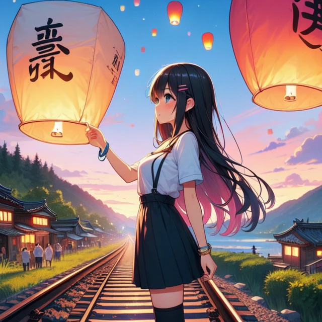 (((masterpiece))), (((best quality))), ((from side)), ((colorful sky lantern with chinese word)), ((hands close to fire)), ((standing on railway)), ((storefront)), raise head, arms up, suspender skirt, tourists, twilight, hillside, ramp, stone steps, mount, greenery, low house, solo, 1girl, (((big tits))), ((bracelet)), ((longhair)), hairclip, ribbon, sweat, daze, shy, blush, slim figure, thighhigh, <lora:girllikecolorfulskylantern:1>