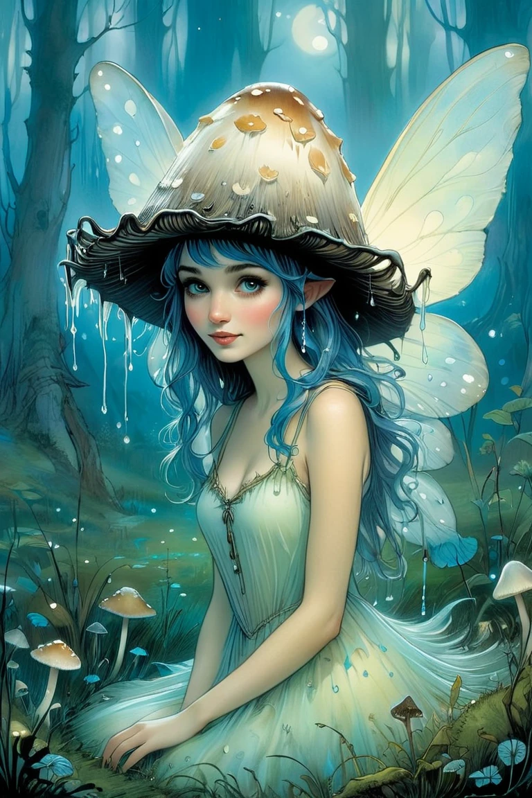 A fairy with a ((shaggy-ink-cap mushroom hat with drips)) on her head,  fairy wings,  enchanted night meadow,  bioluminescent,  detailed setting,  mystic fog,  chris riddell,  arthur rackham,  greg tocchini,  anna dittman,  pixar , Decora_SWstyle,<lora:EMS-300134-EMS:0.700000>,<lora:EMS-261918-EMS:0.400000>