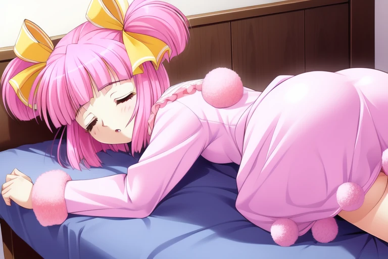 <lora:Itsuki_Momoko:0.8>, ItsukiMomoko, 1girl, solo, pink hair, closed eyes, twintails, lying, sleeping, ribbon, ass, pom pom (clothes), short hair, hair ribbon, short twintails,
masterpiece, high quality, very_high_resolution, large_filesize, full color,