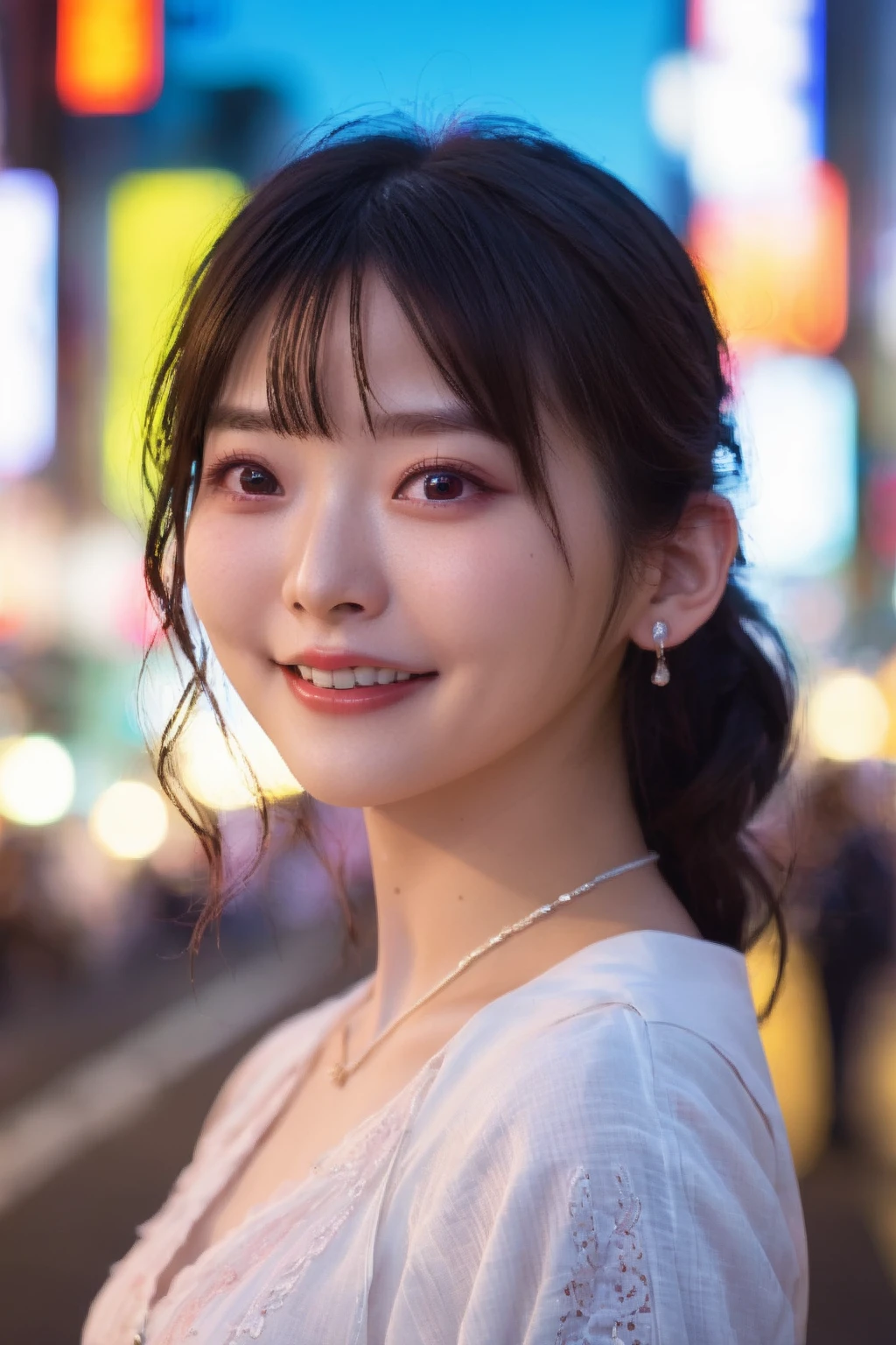1girl,japanese girl,(RAW photo, best quality), (realistic, photo-realistic:1.4), masterpiece, an extremely delicate and beautiful, extremely detailed, 2k wallpaper, Amazing, finely detail, extremely detailed CG unity 8k wallpaper, ultra-detailed, highres, hard light, beautiful detailed girl, extremely detailed eyes and face, beautiful detailed nose, beautiful detailed eyes,cinematic lighting,perfect anatomy,
on the streets of shibuya,tokyo, neon lights,city lights at night,crowd,(bokeh:1.2)
(wearing blouse)  <lora:UesakaSumireXL-000006:1>,smiling