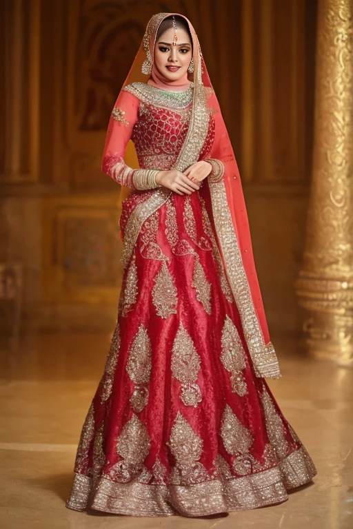 1girl, beautiful, indian girl. <lora:Muslim_Bridal:1>, wearing red muslim bridal dress, medium shapely breasts, <lora:breastsizeslideroffset:0.4>, (photo realistic, top quality, masterpiece, best quality, high resolution, ultra details, extreme quality, sharp focus, soft lighting, dim lighting, best quality, hyper detailed: 1.69)