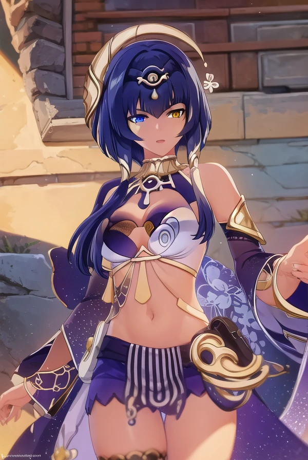 genshincandace, <lora:genshin candace ingame-lora-nochekaiser:1>,
candace, bangs, blue eyes, hair ornament, blue hair, (yellow eyes:1.3), sidelocks, dark skin, dark-skinned female, (heterochromia:1.5), short hair with long locks, eye of horus,
BREAK navel, jewelry, detached sleeves, nail polish, egyptian clothes,
BREAK outdoors,
BREAK looking at viewer, (cowboy shot:1.5),
BREAK <lyco:GoodHands-beta2:1>, (masterpiece:1.2), best quality, high resolution, unity 8k wallpaper, (illustration:0.8), (beautiful detailed eyes:1.6), extremely detailed face, perfect lighting, extremely detailed CG, (perfect hands, perfect anatomy),