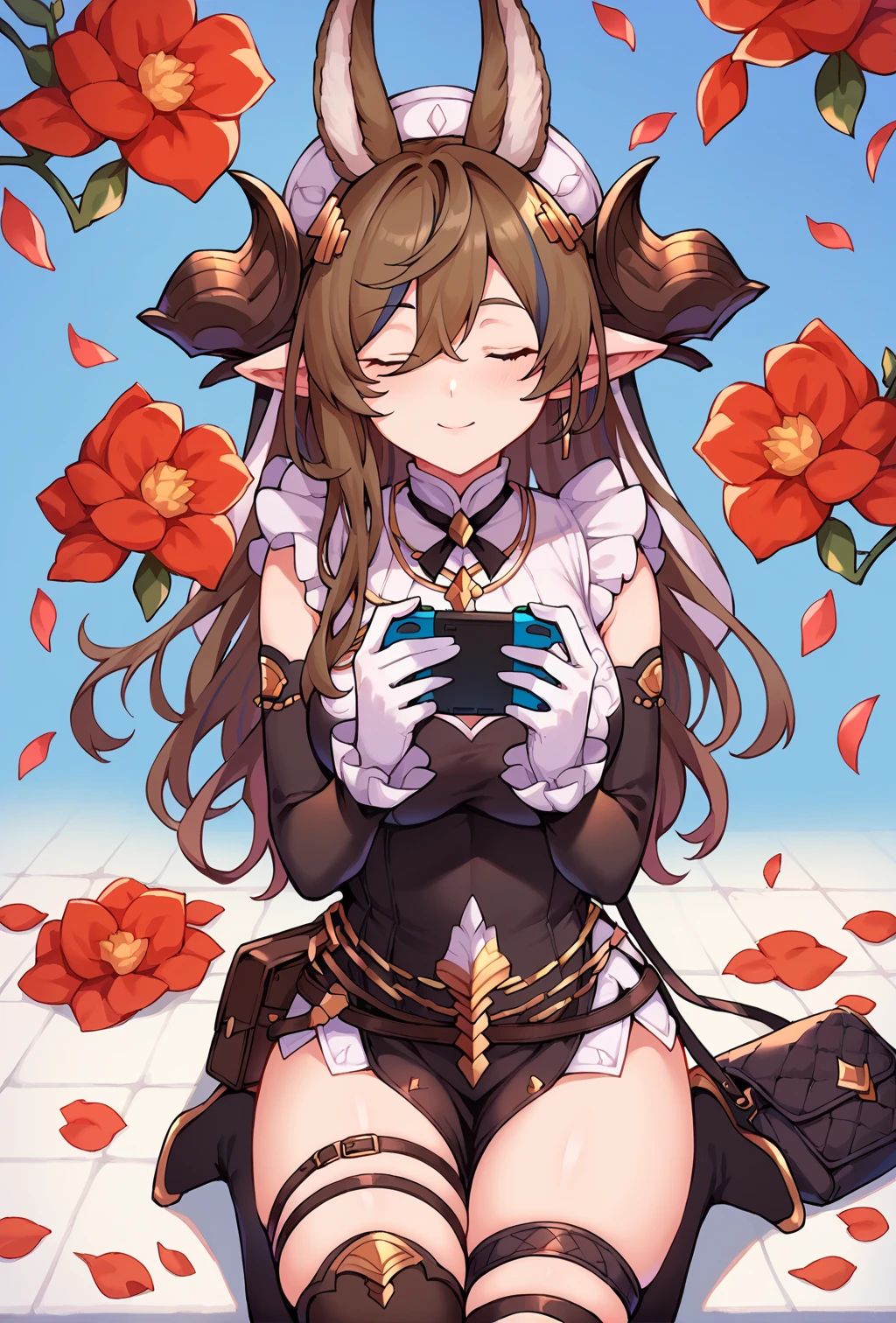 score_9, score_8_up, score_7_up, uncensored, source_anime, 1girl, <lora:spgbfGalleonXL-000005:1> galleondef, horns, closed eyes, dress, white gloves, frills, detached sleeves, frilled sleeves, thighhighs, thigh strap, pelvic curtain, ;d, hair tucking, hands up, holding, holding handheld game console, knees together feet apart, looking at viewer, one eye closed, sitting, smile, solo, blue background, falling petals, flower, handbag, petals, red flower, upper body