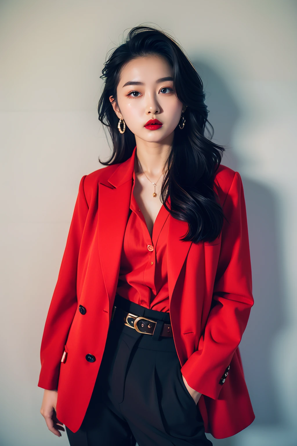 1girl,solo,jewelry,earrings,black hair,formal,suit,red lips,lipstick,pants,red shirt,jacket,long hair,makeup,shadow,looking at viewer,hands in pockets,belt,shirt,