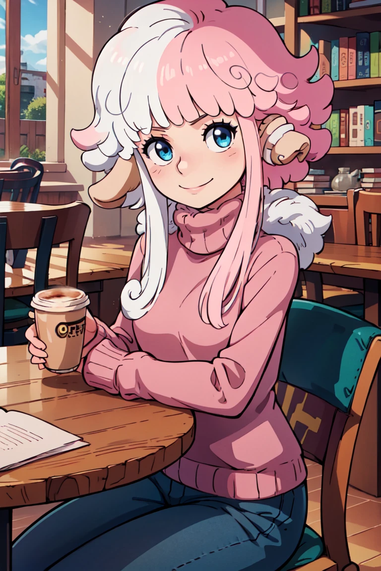 ((masterpiece,best quality)),  <lora:Vegapunk_Atlas:0.8> Vegapunk_Atlas, solo, 1girl,  blue eyes,  multicolored hair, split color hair, pink hair, white hair, fur trim, solo, smile, looking at viewer, cowboy shot, turtleneck sweater, earrings, library, cup of coffee, sitting at table