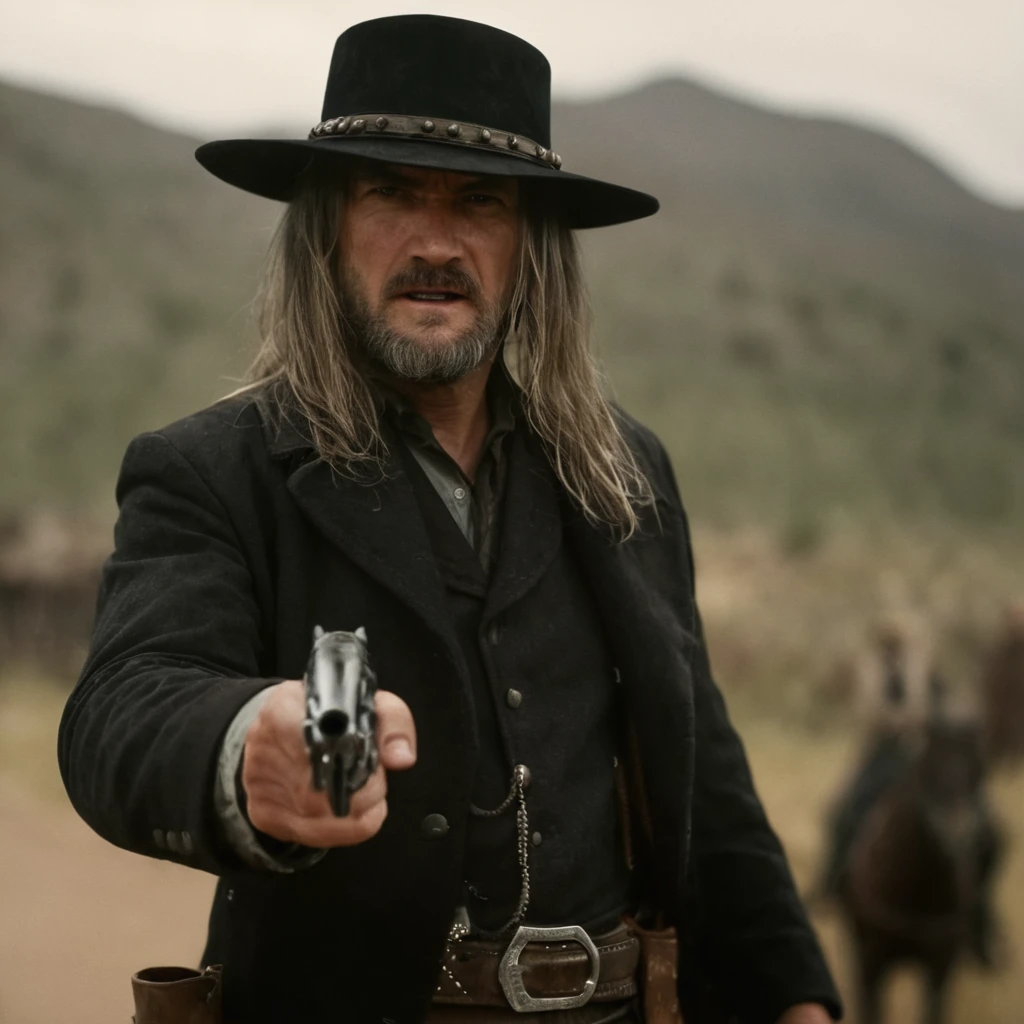 cinematic film still of <lora:Colt revolver handgun:0.8>
a man with a hat and long hair,solo,looking at viewer,1boy,hat,male focus,teeth,blurry,facial hair,clenched teeth,portrait,beard,realistic,mustache , gun, handgun, pistol, revolver, wild west, western, red dead redemption style, Colt Single Action revolver handgun, rain, closeup, grin, teeth grin, angry, old, grey hair, The Saint of Killers, shallow depth of field, vignette, highly detailed, high budget, bokeh, cinemascope, moody, epic, gorgeous, film grain, grainy