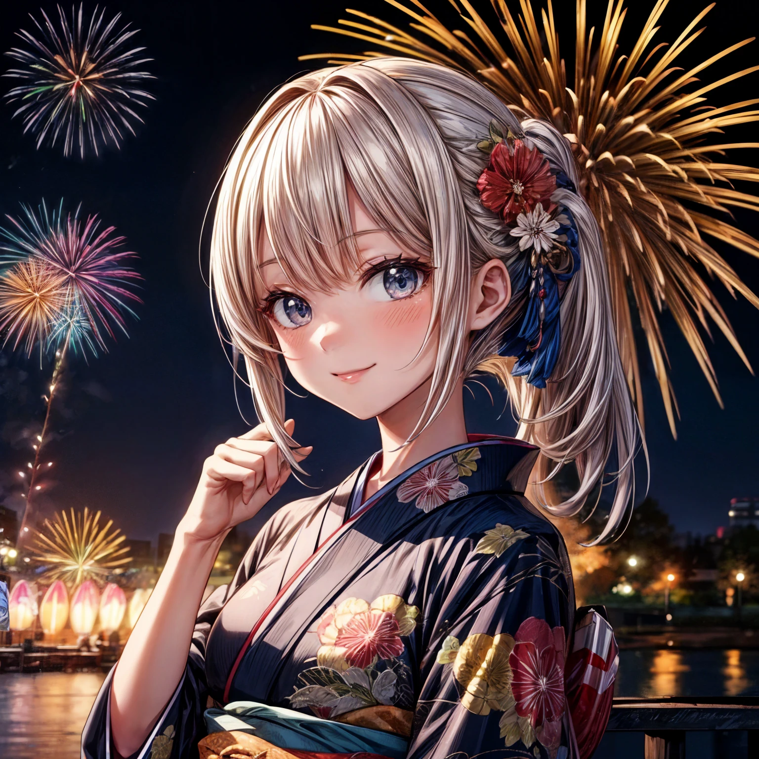 (masterpiece,ultra-detailed,best quality,8K,illustration,shaved:1.2),(petite girl:1.0) <lora:add_detail:1.5>,  <lora:fireworks:0.8> hanabi,kimono,smile