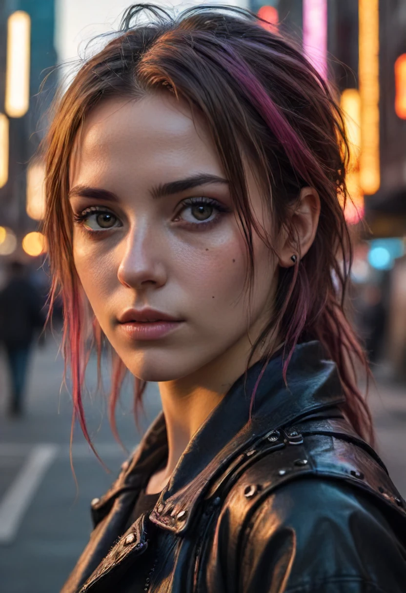extreme closeup photo of attractive girl, empty cyberpunk city street at sunset