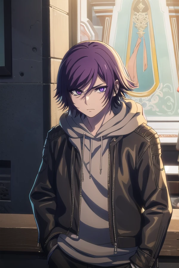 akudamacourier, <lora:akudama courier s1-lora-nochekaiser:1>,
courier, short hair, bangs, purple hair, male focus, (purple eyes:1.1),
BREAK jacket, open clothes, pants, hood, open jacket, black jacket, hoodie, black pants, hood down,
BREAK outdoors, city,
BREAK looking at viewer, (cowboy shot:1.5),
BREAK <lyco:GoodHands-beta2:1>, (masterpiece:1.2), best quality, high resolution, unity 8k wallpaper, (illustration:0.8), (beautiful detailed eyes:1.6), extremely detailed face, perfect lighting, extremely detailed CG, (perfect hands, perfect anatomy),