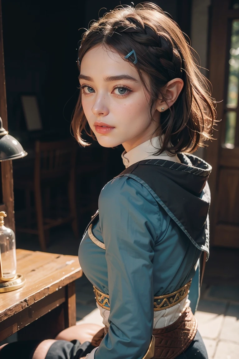 Best quality, masterpiece, ultra high res, raw photorealistic photo , shot with iphone, beautiful and aesthetic,deep shadow, dark theme,(photorealistic:1.4),  real life human, <lora:zelda_1:1>, zelda,aazelda, short hair, crown braid, hairclip, pointy ears, brown cape, blue shirt, puffy sleeves, long sleeves, fingerless gloves, black gloves, black pants, tight pants , from behind,
Graceful poise, evocative atmosphere, magnetic presence, refined seduction, captivating mystique,
Intricate zentangle patterns, a single female figure, astonishing level of detail, generously endowed, portrait composition, striking perspective, a chaotic masterpiece, gracefully poised, inspired by brutalist architecture, vibrant color palette, undertones,