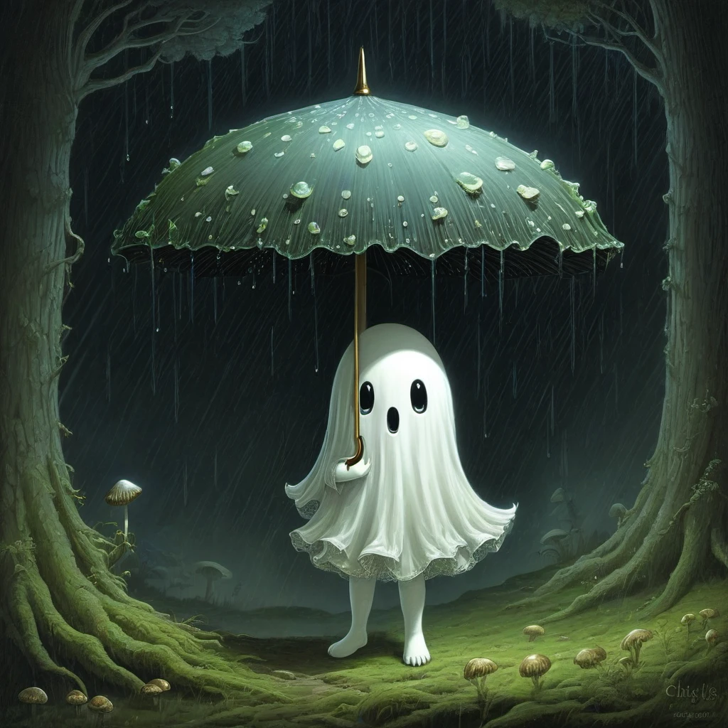 (((a little ghost girl holding a mushroom umbrella!)),  long hair flowing in the wind,  rain moss world,  illuminated cute style,  storybook character concept art,  soft,  magical,  surreal,  whimsical,  breathtaking,  hauntingly beautiful illustration,  2d,  "coprinus_comatus style umbrella with shiny-black-gills and drips",  chris riddell and mark ryden,  gustave dore,  edmund dulac,<lora:EMS-300143-EMS:0.600000>