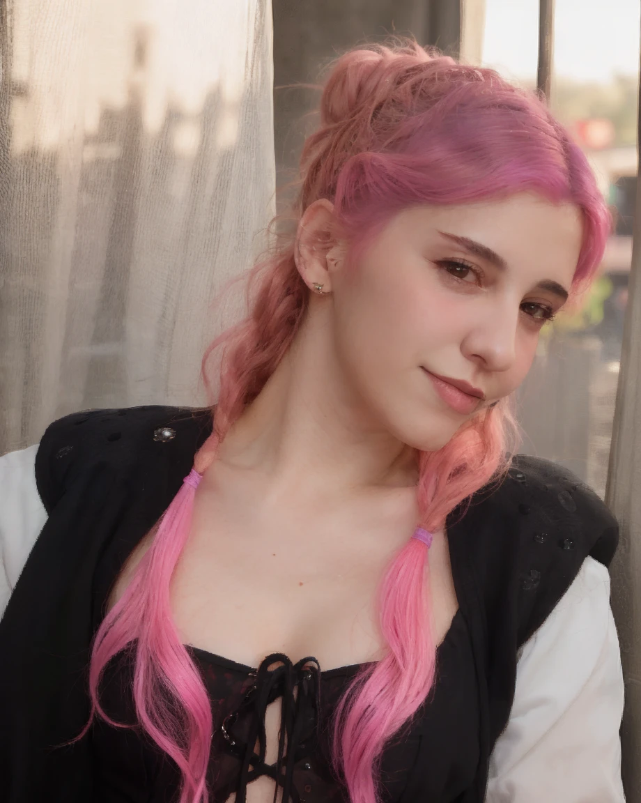 A stunning illustration of a female character with cascading pink hair, half of it in a delicate side braid. She is seated on a stone pedestal, resting her chin on her hands while displaying a playful yet contemplative expression. Her white, long-sleeved top contrasts beautifully with the dark, mysterious background. The dimly lit environment accentuates her features and attire, creating a captivating and enchanting atmosphere.ᎩᗩᏆᔑ(◠‿◠)a mysterious and alluring phoenix woman. The silhouette of the phoenix woman is intricately crafted through a series of vivid, Kaleidoscope of interconnected pink Gengars, creating an illusion of depth and dimension. features a striking contrast of dark and light shades, accentuating her captivating profile., painting, photo, illustration
