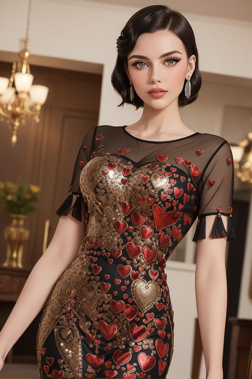 ((photographed by Vogue)),(seductive:1.2), adult, woman, (short black finger waves hair), wearing heart_20s, round neck heart beaded long flapper 1920s black dress, fringe, <lora:heart_20s-12a:0.65>, (Point-of-view shot:1.1)