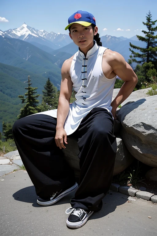 vestimentas: He wears very loose blue pants, which is loose and fluid, combined with a white tank top. The regatta must have stylized Japanese characters printed on it., possibly a mantra or a personal message, with a design that is both elegant and meaningful.
enviroment: The background can be a setting that complements your imposing presence., like an ancient battlefield, a mountainous landscape, or a traditional Japanese setting that enhances the character&#39;s aura.
expression: Your face should show a calm and controlled expression., but with a touch of determination, reflecting your wisdom and experience.