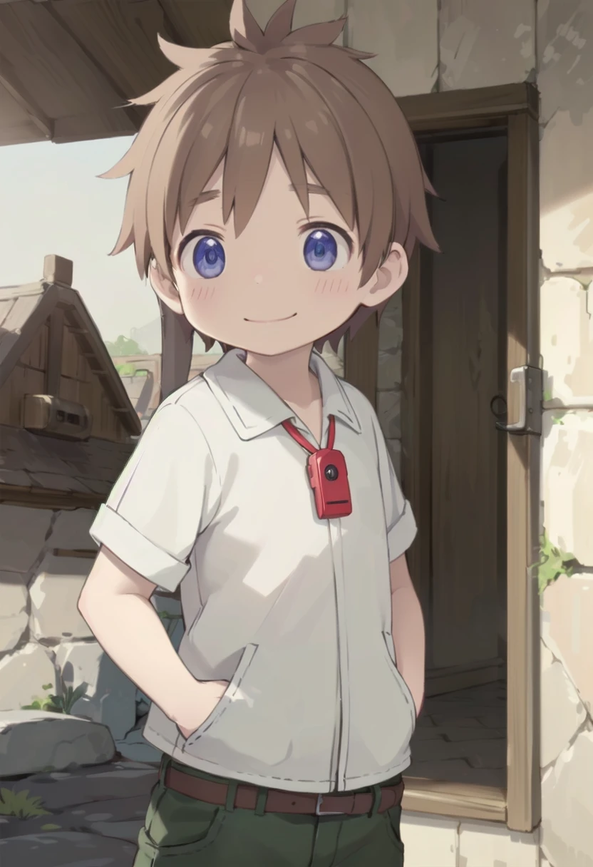 <lora:natsd-000015:0.6>
1boy, mia_nat, standing, beautiful village, male focus,
wearing a (red whistle:1.2) around his neck, outside, low angle
brown hair, blue eyes with a slight purple gradient, smiling, hands in pockets,
very short hair, white shirt,
draw it in the style of made in abyss, (straight on:1.2),
The soft lighting and detailed surroundings create an immersive environment where imagination runs wild
hyper-detailed,hyper-detailed face, high quality visuals, dim Lighting, sharply focused, octane render, 8k UHD,
GS-Boyish, GS-Masculine