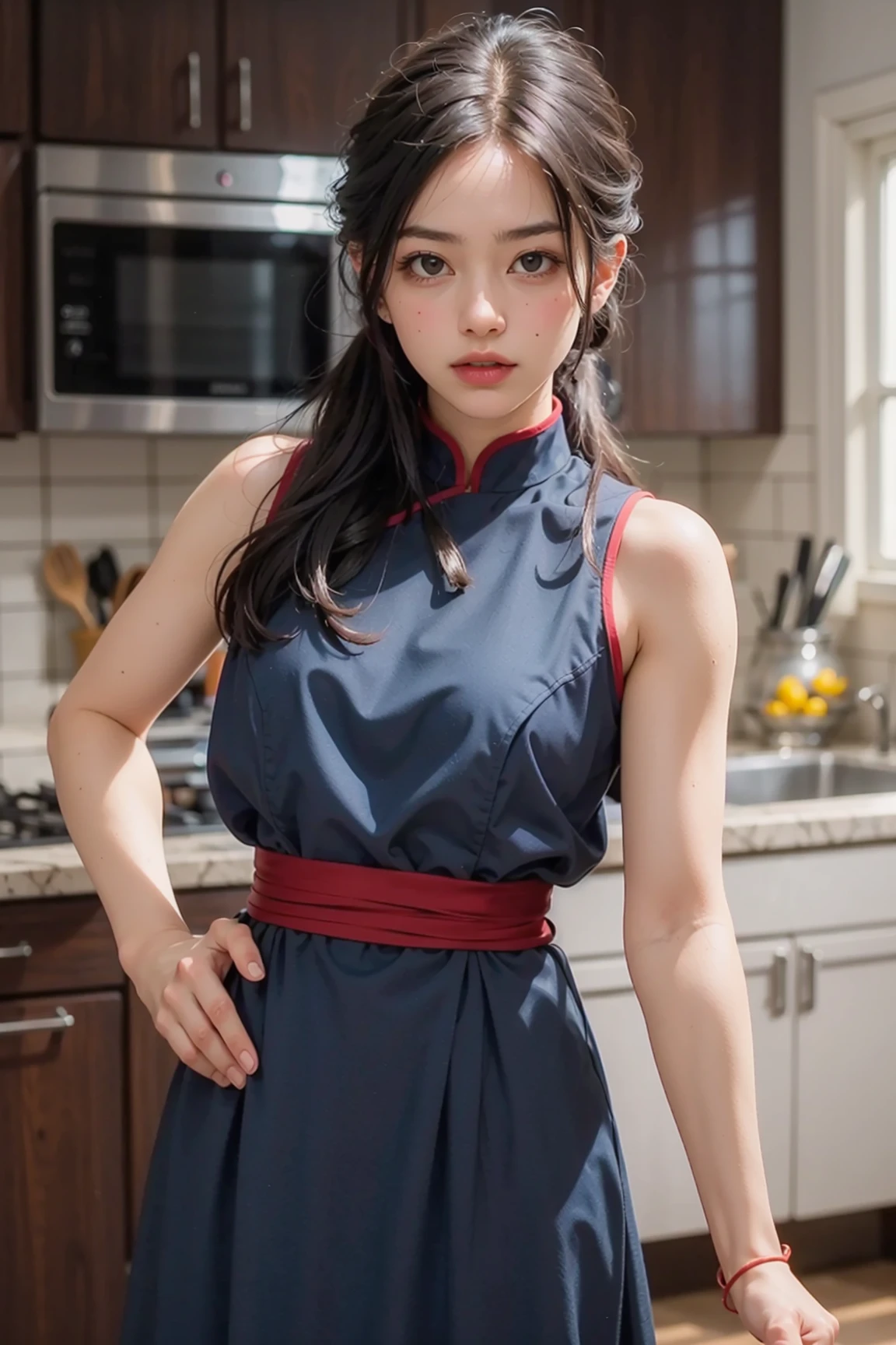 Best quality, masterpiece, ultra high res, raw photorealistic photo , shot with iphone, beautiful and aesthetic,deep shadow, dark theme,(photorealistic:1.4),<lora:chi-chi_v1:0.8> , real life human, full body , in a kitchen ,
dragon ball, bbchichi, (low ponytail:1.1), black eyes, chinese clothes, blue dress, sleeveless, wristband, sash
Graceful poise, evocative atmosphere, magnetic presence, refined seduction, captivating mystique,
Intricate zentangle patterns, a single female figure, astonishing level of detail, generously endowed, portrait composition, striking perspective, a chaotic masterpiece, gracefully poised, inspired by brutalist architecture, vibrant color palette, undertones,