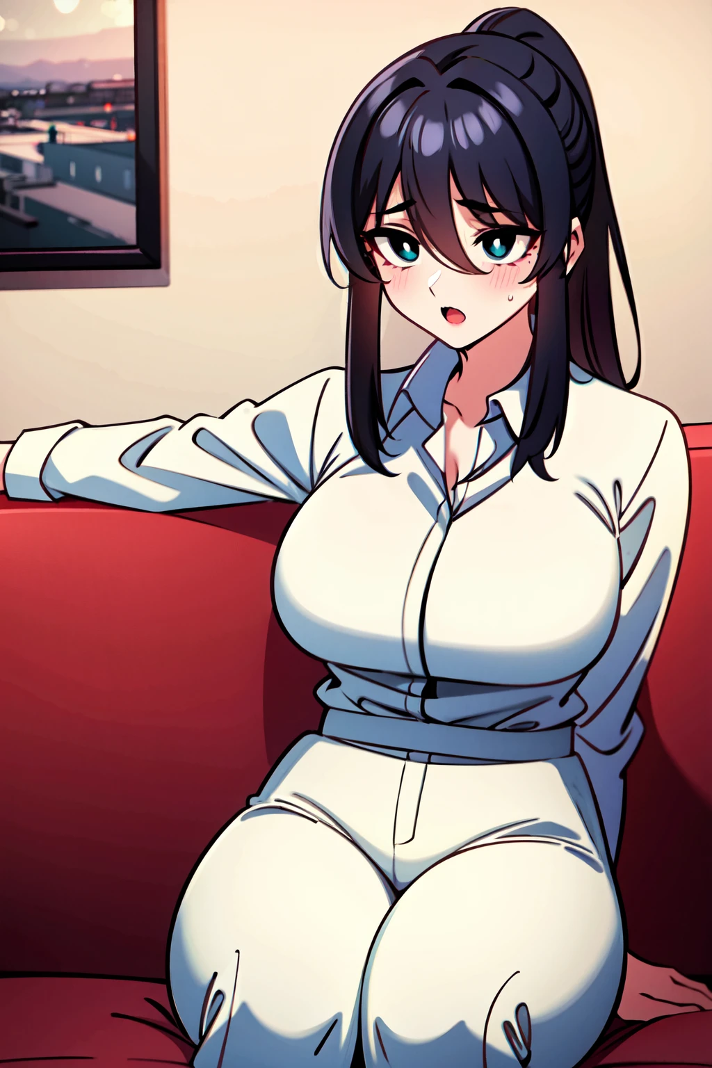 <lora:SiaSunbae-08:0.7>, EBSiaSunbae, 1girl, solo, long hair, blush, open mouth, blue eyes, shirt, black hair, hair between eyes, white shirt, ponytail, collared shirt, indoors, sweatdrop, mole, mole under eye, bright pupils, white pupils, breasts, large breasts, thighs, thick thighs, pants, blue pants, sitting, on couch, red couch, serious