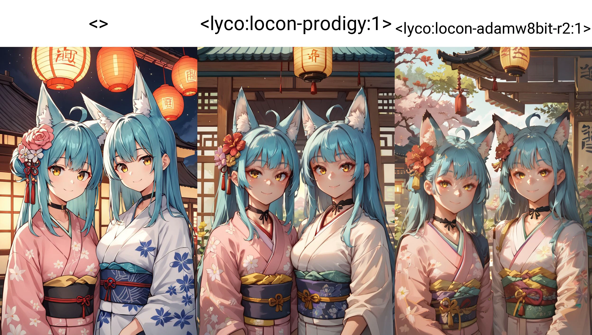2girls, ahoge, animal ear fluff, animal ears, aqua hair, architecture, bangs, black choker, blue hair, brown eyes, choker, closed mouth, east asian architecture, extra ears, floral print, flower, fox ears, hair flower, hair ornament, japanese clothes, kimono, lantern, light smile, long hair, looking at viewer, multiple girls, obi, outdoors, pink kimono, ribbon choker, sash, siblings, sisters, smile, upper body, white kimono, yellow eyes, yukata
BREAK score_9, score_8_up, score_7_up, score_6_up, score_5_up, score_4_up, <>