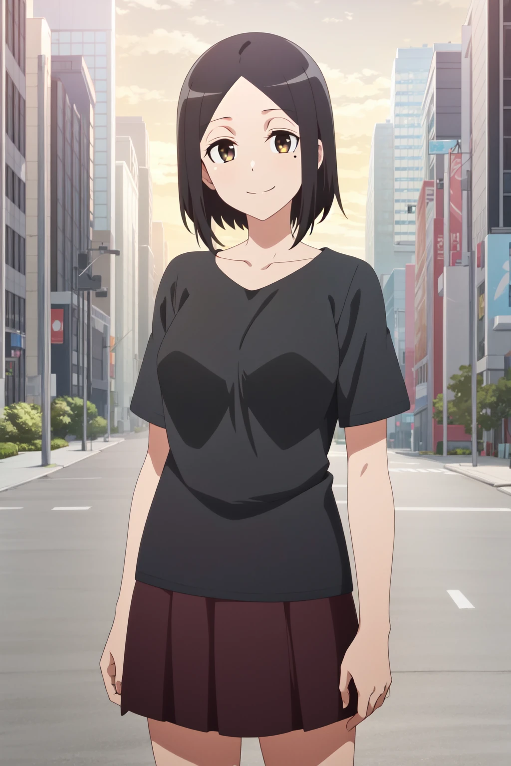 <lora:anime_screencap_v2:0.3> tall body, tall, long legs, mature female, mature, adult, <lora:GoodHands-vanilla:1.4>, simple background
<lora:eft_dumbell_short:0.7> eft_dumbbell_short, 1girl, solo, mole under eye, smile, mole, shirt, brown eyes, black hair, white shirt, looking at viewer, short sleeves, collarbone, short hair, skirt, outdoors, standing, medium hair, closed mouth, parted bangs, breasts, bangs, medium breasts