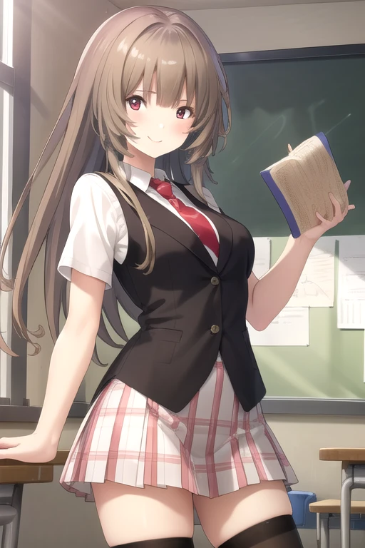 ((masterpiece)),(best quality),official art,extremely detailed CG,unity 8k wallpaper,ultra detailed,beautiful detailed eyes,extremely detailed face,classroom,1girl,solo,cowboy shot,looking at viewer,facing viewer,smile,very long hair,brown hair,floating hair,sidelocks,blunt bangs,red eyes,black vest,wing collar,red necktie,dress shirt,white shirt,collared shirt,short sleeves,medium breasts,miniskirt,pleated skirt,plaid skirt,zettai ryouiki,black thighhighs,loafers,<lora:Hibikino Tsumugi(hscweys)>,