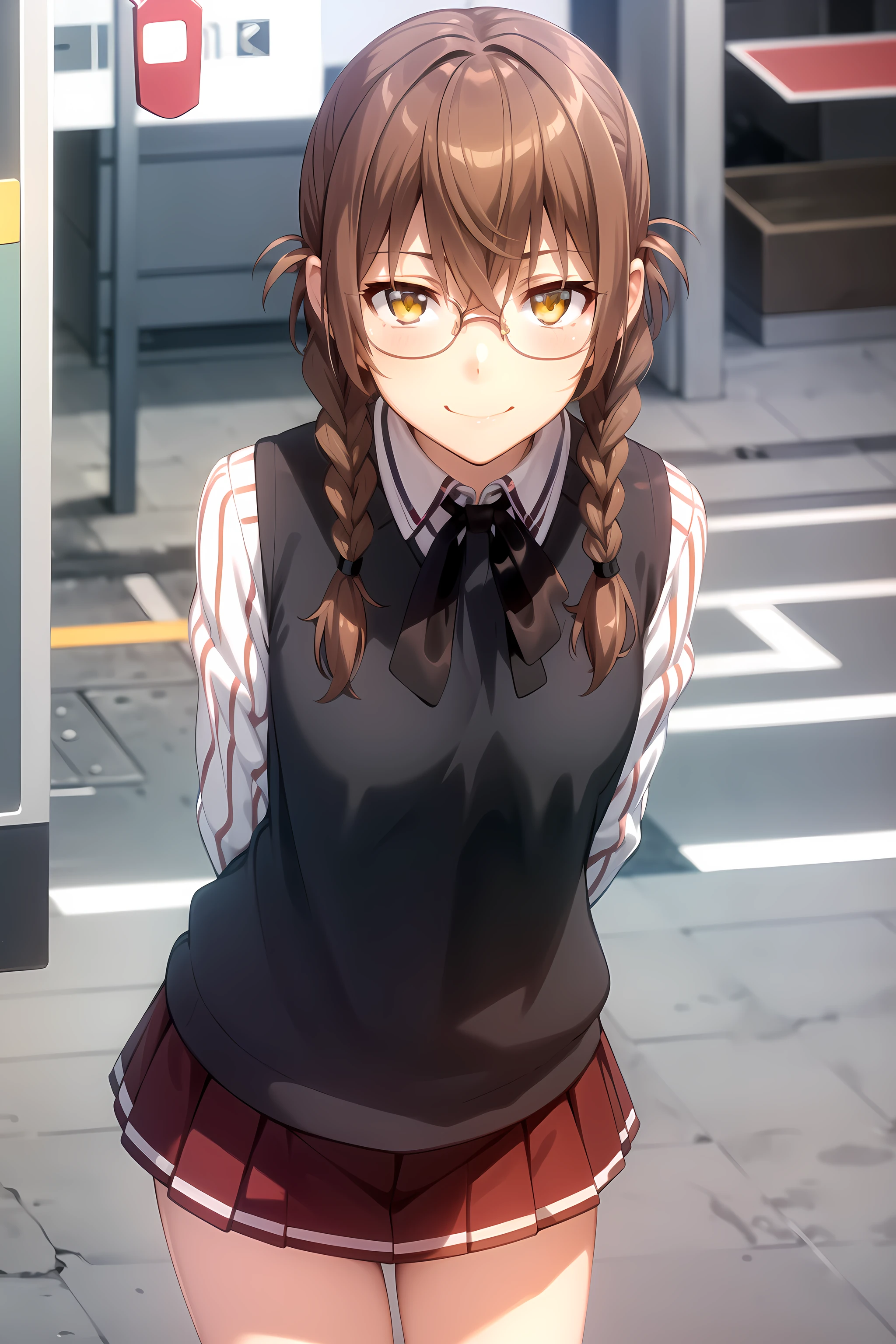 best quality, masterpiece, detailed,
<lora:HighSchoolDxD_KiryuuAika:0.9>, KiryuuAika,
1girl, closed mouth, light smile,
brown hair, yellow eyes, twin braids, glasses,
school uniform, striped shirt, neck ribbon, black ribbon, sweater vest, purple skirt,
looking at viewer, arms behind back, leaning forward,
city, street