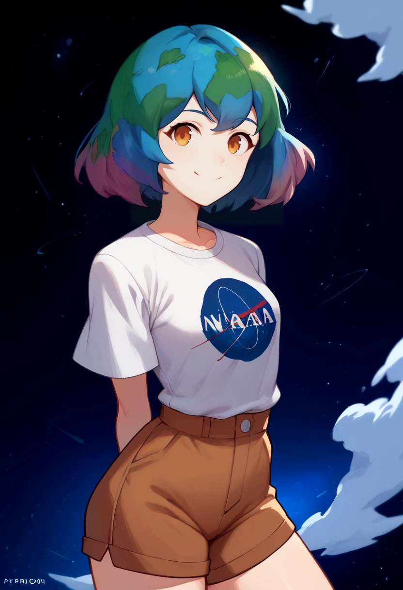 score_9, score_8_up, score_7_up, source_anime, solo, 1girl, earth-chan, smile, closed mouth, looking at viewer, arms behind back, white shirt, short sleeves, brown shorts, outer space <lora:style_notsorapoi_ponyXL-12:1> <lora:gijinkaseries_earth_ponyXL:1>