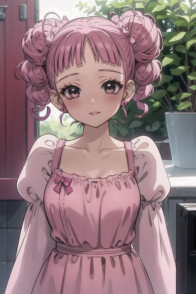 Miwako_Sakurada, 1girl, solo, brown eyes, baby bangs, bangs, blunt bangs, blush, curly hair, double bun, eyelashes, hair bow, looking at viewer, cute girl, pink hair, pink lips, smile, twintails, earrings, pouty lips, (masterpice:1.3),