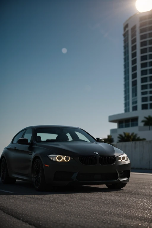 cinematic photo of black matte BMW in Miami, perfect lighting, vibrant, high detailed, epic, movie still, film grain