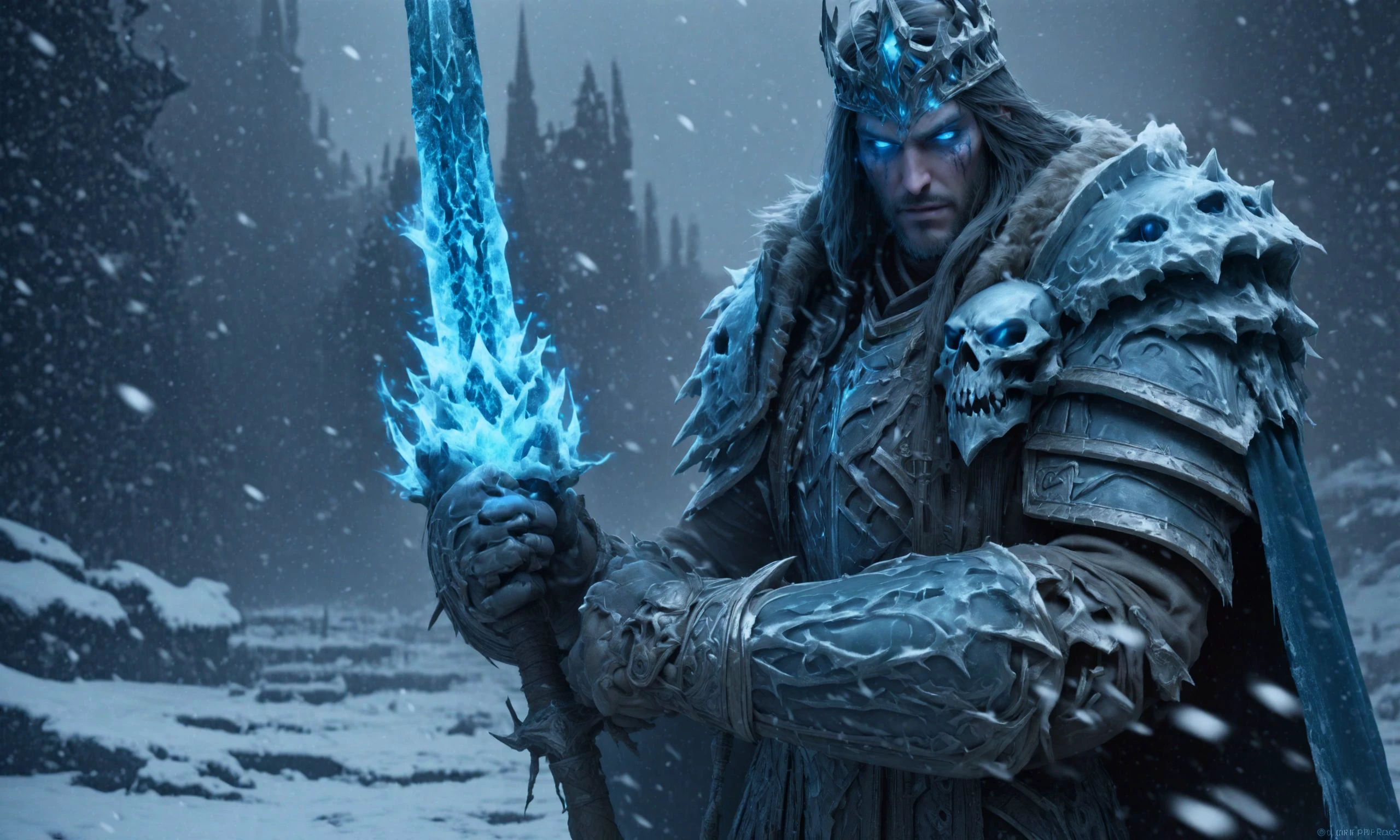deathknight style,a cursed prince must save his kingdom,8k,masterpiece,realistic,glowing eyes,epic,trending on artstation,hyperdetailed photography,sharp focus,frost theme,(john picacio:1.2), <lora:deathknightsyleXL-000004:0.7>,snowing