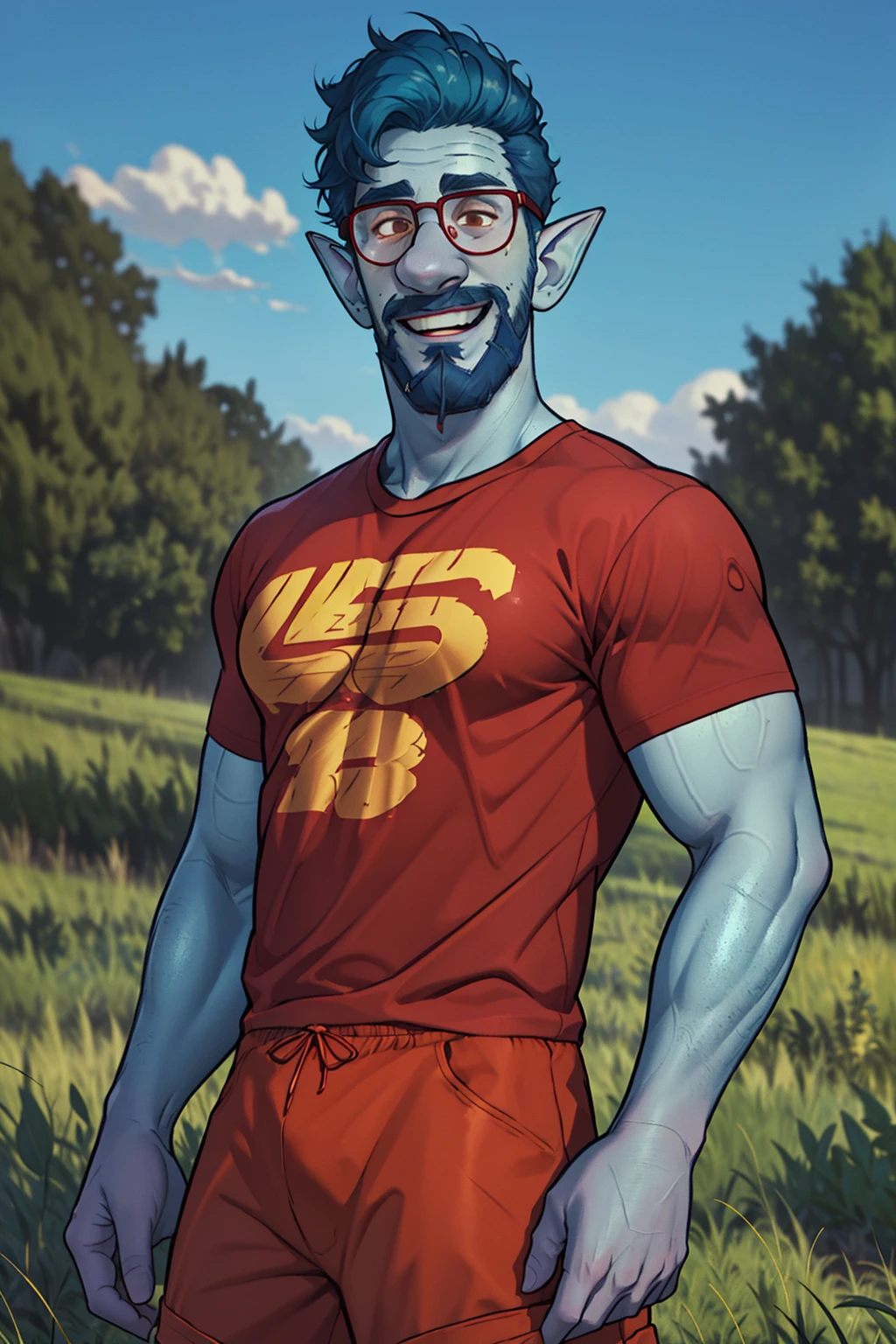 (1 image only),  solo male,  Wilden Lightfoot,  Pixar Animation Onward,  blue skin,  dark blue hair,  short hair,  brown eyes,  thick eyebrows,  pointy ears,  facial hair,  beard,  black-framed-glasses,  (red t-shirt:1.2),  khaki shorts,  mature,  bara,  dilf,  handsome,  charming,  alluring,  smile,  standing,  upper body,  perfect anatomy,  perfect proportions,  (best quality,  masterpiece),  (perfect eyes,  perfect eye pupil),  perfect hands,  high_resolution,  dutch angle,  cowboy shot,  green field,<lora:EMS-300322-EMS:0.700000>