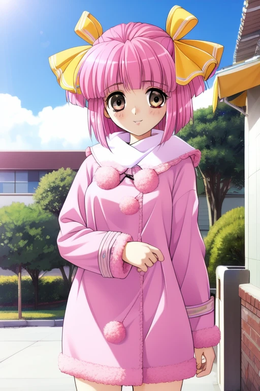 <lora:Itsuki_Momoko:0.9>,ItsukiMomoko, 1girl, solo, pink hair, brown eyes, short hair, pom pom (clothes), hair ribbon(Yellow),  bangs, short twintails, outdoor, sky, hospital,
scarf, coat, shoes, happy, standing, looking at viewer, cowboy Shot,
 masterpiece, high quality, very_high_resolution, large_filesize, full color,