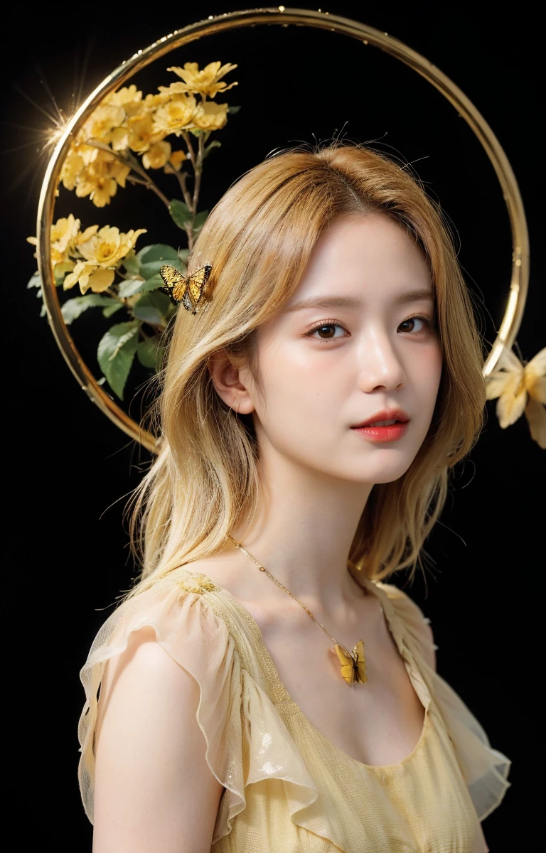 janggyuri,woman,best quality, masterpiece, illustration, (realistic, photo-realistic:1.37), amazing, finely detail, incredibly absurdres, huge filesize, ultra-detailed, highres, extremely detailed CG unity 8k wallpaper, beautiful detailed girl, extremely detailed eyes and face, beautiful detailed eyes, ray tracing, perfect light, perfect shadow,(golden blonde:1.5),symmetrical,portrait,(divine yellow dress:1.5),(golden necklace:1.2),(a lot yellow flower:1.5),(a lot yellow butterfly:1.5),(close-up photo shot:1.2), portrait photo,(symmetry golden circle halo behind subject:1.5), (black background:1.5),(intricate:1.5),(looking at viewer:1.5),high end makeup,redlips, <lora:janggyuriSver-byhighwizard Sver:1>