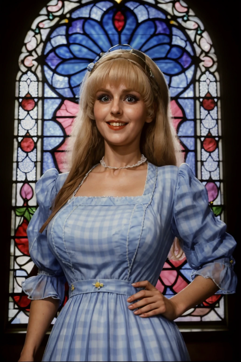 <lora:Eufaula_Roop:1>,EufaulaRoop, wearing a modest blue gingham dress, wide-eyed, heavy 1970s makeup, smile, standing in front of a stained glass window, glowing light behind her, (insanely detailed, detailed face, masterpiece, detailed eyes, best quality), full length body shot