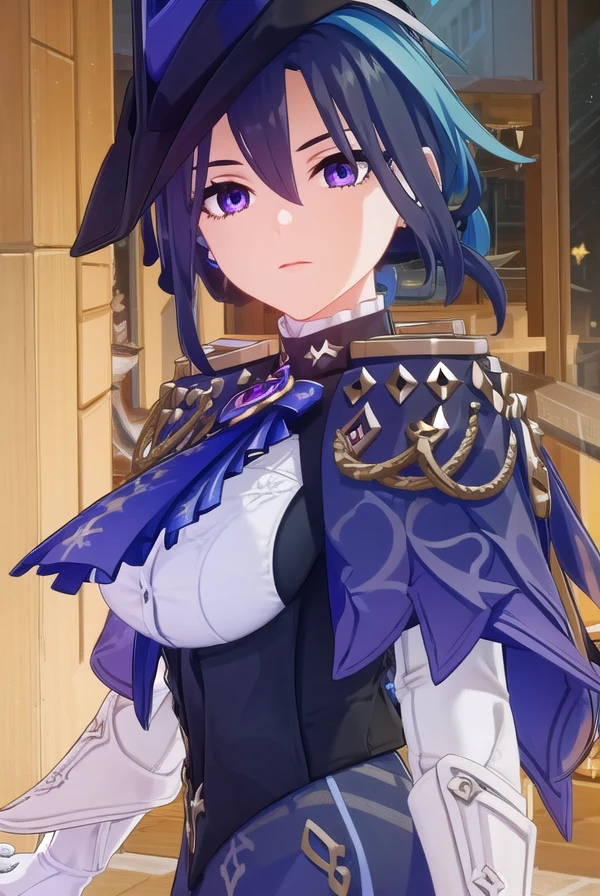 genshinclorinde, <lora:genshin clorinde ingame-lora-nochekaiser:1>,
clorinde, blue hair, (purple eyes:1.1), short hair, streaked hair,
BREAK skirt, gloves, hat, jacket, pantyhose, white gloves, blue headwear, ascot, pauldrons, brooch, corset,
BREAK outdoors,
BREAK looking at viewer, (cowboy shot:1.5),
BREAK <lyco:GoodHands-beta2:1>, (masterpiece:1.2), best quality, high resolution, unity 8k wallpaper, (illustration:0.8), (beautiful detailed eyes:1.6), extremely detailed face, perfect lighting, extremely detailed CG, (perfect hands, perfect anatomy),