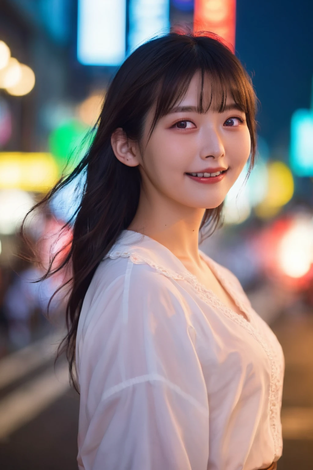 1girl,japanese girl,(RAW photo, best quality), (realistic, photo-realistic:1.4), masterpiece, an extremely delicate and beautiful, extremely detailed, 2k wallpaper, Amazing, finely detail, extremely detailed CG unity 8k wallpaper, ultra-detailed, highres, hard light, beautiful detailed girl, extremely detailed eyes and face, beautiful detailed nose, beautiful detailed eyes,cinematic lighting,perfect anatomy,
on the streets of shibuya,tokyo, neon lights,city lights at night,crowd,(bokeh:1.2)
(wearing blouse)  <lora:UesakaSumireXL-000006:1>,smiling