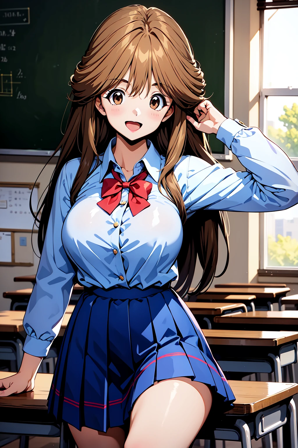 1girl, cowboy shot, large breasts, classroom, smile, open mouth, 
kawai_iyona, brown eyes, brown hair, long hair, school uniform, bowtie, collared shirt, white shirt, pleated skirt, <lora:kawai_iyonaCR_lora_ver1:0.7>, best quality, masterpiece, highres, <lora:GoodHands-vanilla:1>