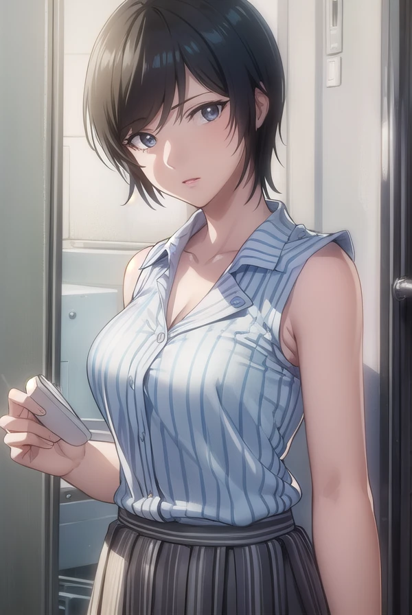 takadakiyomi, <lora:takada kiyomi-lora-nochekaiser:1>,
takada kiyomi, short hair, black hair, (black eyes:1.3), lipstick,
BREAK shirt, sleeveless, pants, sleeveless shirt, collarbone,
BREAK indoors,
BREAK looking at viewer, (cowboy shot:1.5),
BREAK <lyco:GoodHands-beta2:1>, (masterpiece:1.2), best quality, high resolution, unity 8k wallpaper, (illustration:0.8), (beautiful detailed eyes:1.6), extremely detailed face, perfect lighting, extremely detailed CG, (perfect hands, perfect anatomy),