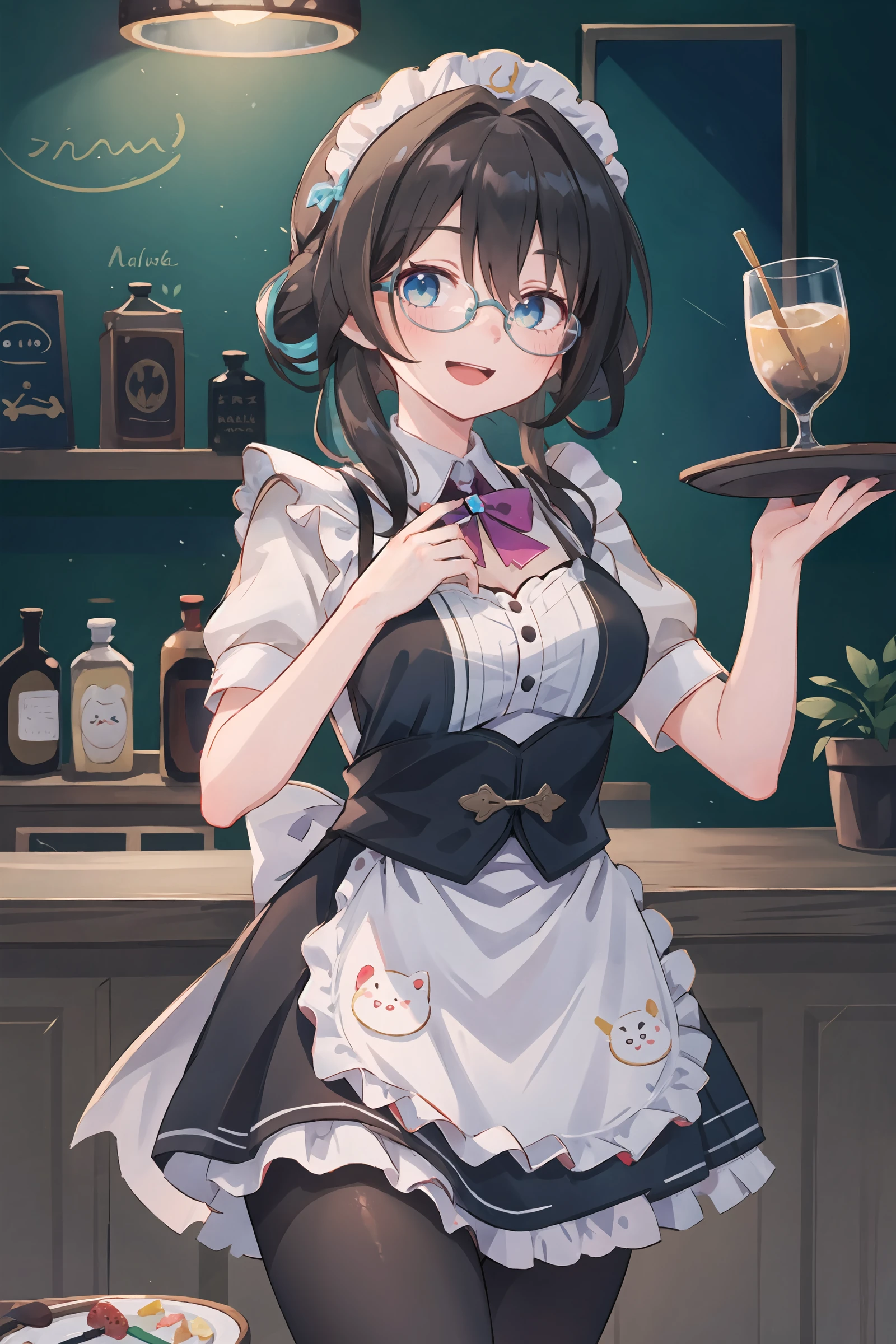 ((best quality)), ((highly detailed)), absurdres, (detailed eyes, deep eyes), (1girl), cowboy shot, very wide shot, <lora:hairdetailer:.5>, nerd, <lora:LoraRoundGlassesV1:.8>, round glasses, thick rimmed glasses, smile, (indoors, in a bar, waitress ), <lora:Style_IBUO-DEF:.8>, ibuo style