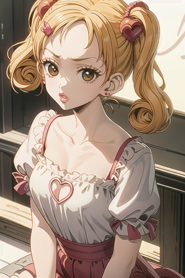Mikako_Kouda, 1girl,baby bangs,blunt bangs,pixie bangs,blonde hair,brown eyes,curly hair,earrings,eyelashes,hairclip,heart hair ornament,makeup,pouty lips,red lips,smile,solo,twintails