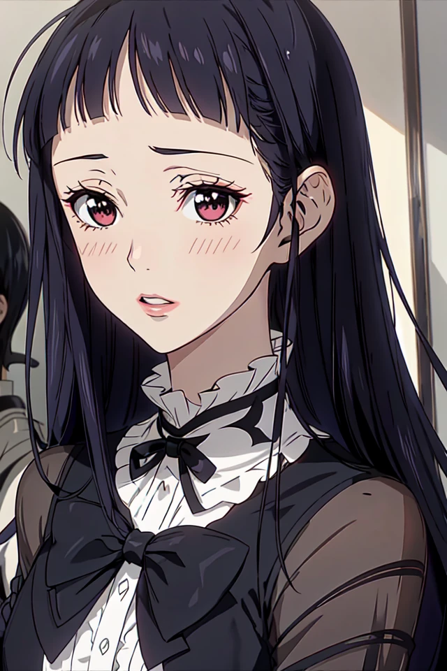 Yukari_Hayasaka, 1girl, (masterpice:1.3), highres, high-detailed, high quality, (perfect face and eyes), detailed face, dynamic light, black hair, long hair, baby bangs, blunt bangs, makeup, eyelashes, tall, skinny, fashion, model, fashion model, gorgeous dress,