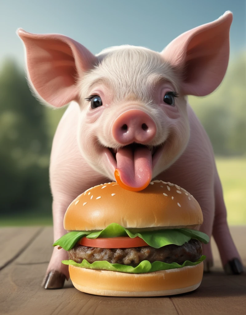 a pig sticking its tongue out, while eating a vegan burger