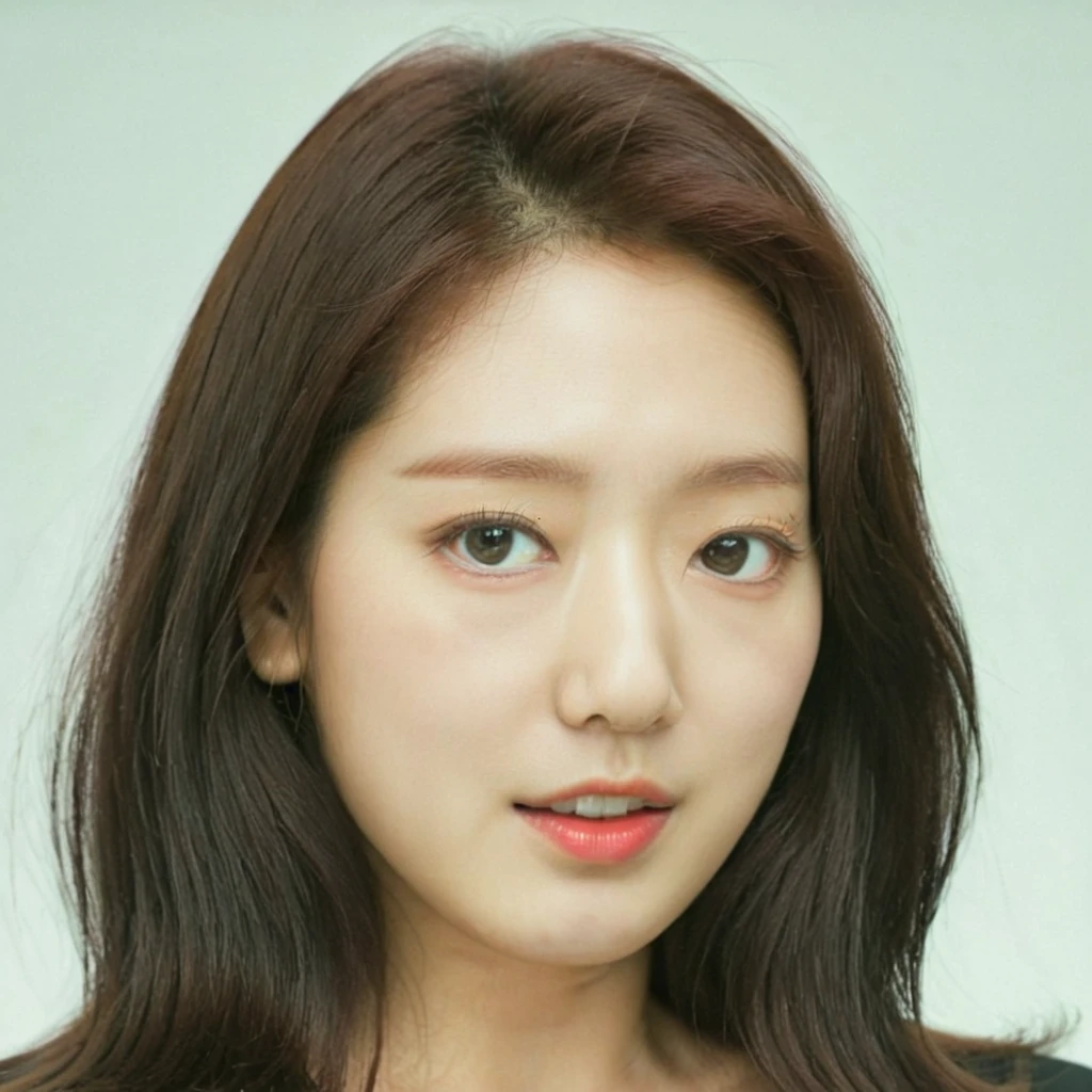 beautiful face closeup of parkshinhye, simple background, wearing a black dress, long hair, <lora:ParkShinHyeXL:1>