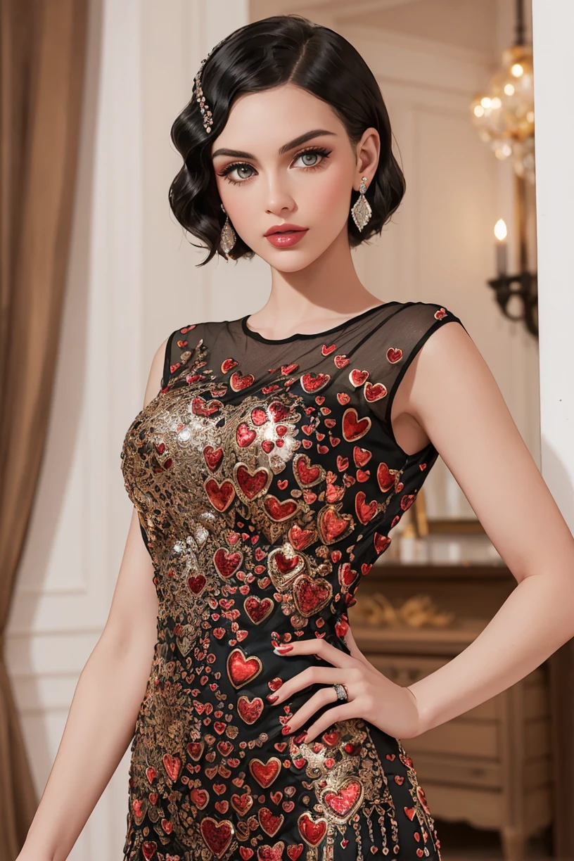 ((photographed by Vogue)),(seductive:1.2), adult, woman, (short black finger waves hair), wearing heart_20s, round neck heart beaded long flapper 1920s black dress, fringe, <lora:heart_20s-12a:0.65>, (Point-of-view shot:1.1)